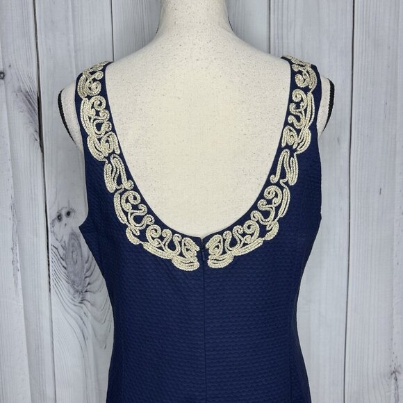 Lilly Pulitzer Suzette Shift Dress Size 12 True Navy Gold Trim Detail V-Neck - Picture 10 of 13